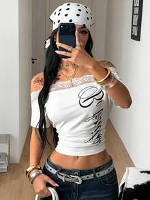 Coolane Women's Summer Elegant Street Wear Y2k Sexy Lace Off Shoulder Tee, Stretchy White And Black Top Night Out - White - View 5