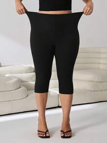 Solflare Plus Size Casual Versatile Solid Color High Waist Leggings - Black - View 4
