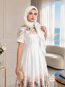 SHEIN Lady 大码碎花圆领短袖连衣裙 - 彩色 - 查看 3