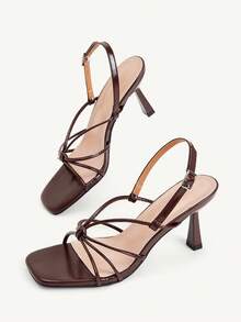 CUCCOO CHICEST Fashion Square Toe Wine Glass And High Heel Sandals Dark Coffee Cross Strap Women's Shoes Vacation Party - Brown - View 3