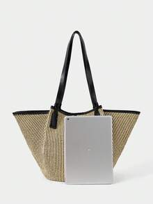 SHECARRY French Retro Woven Tote Bag Large Capacity Commuter Shoulder Bag Leisure Vacation Style Straw Armpit Bag - Black with brown. - View 3