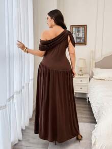 Modelyn Spring Summer Elegant Casual Formal Waist-Defining Asymmetric Shoulder Metal Button Knit Textured Pleated Plus Size Women's Dress Brown - Brown - View 2