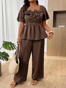 SHEIN Frenchy Plus Size Vacation Casual Elegant 3D Floral Decor Shirt Pants 2 Pieces Set Tea Party Chocolate Brown Summer - Brown - View 6