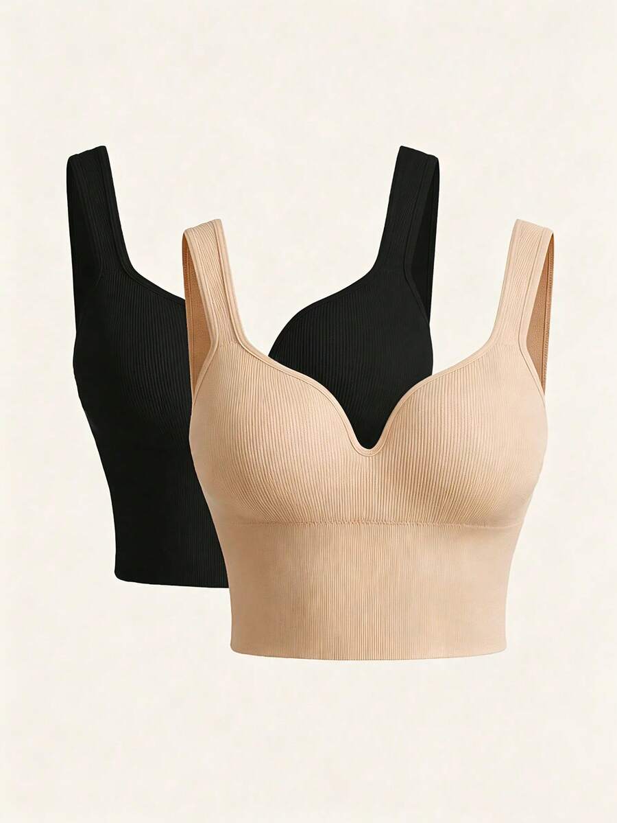 SHEIN Velisys Women's Ribbed Solid Color Casual Sports Bra 2-Pack - Multicolor - View 1
