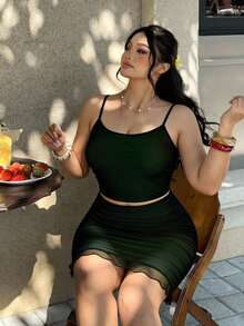 INAWLY 女款大尺碼歐美風酒紅漸層針織套裝，性感細肩帶上衣與緊身裙，極簡性感風兩件套 - 墨綠色 - 查看 7