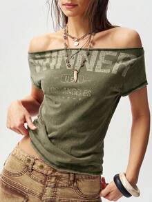 Bohemela 女士休闲纯色针织船领短袖T恤 - 軍綠色 - 查看 6