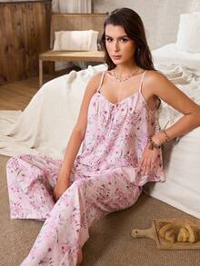 Serenescape Conjunto de pijama para mujer con camisola de lazo delantero y estampado floral pequeño & pantalones largos - Multicolor - Ver 1
