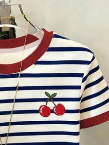Souflis Souflis Young Girls Casual Comfortable Fashion Striped Collar And Cuff Contrast Print Cherry Pattern Short Sleeve Round Neck T-Shirt Summer Suitable For Tops - Multicolor - View 6