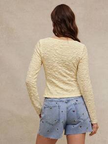 WESTFADE Western Cowgirl Lace Boatneck Ruched Split Side Semi Sheer Fitted Long Sleeve T-Shirt Top Spring Break, Female Country Look, Rodeo, Back To School - Light Yellow - View 2