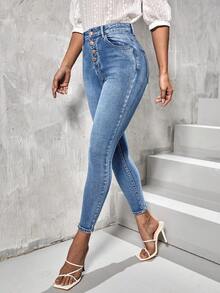 Selenza Button Fly Bleach Wash Skinny Jeans - Light Wash - View 6