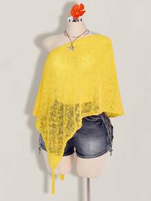 SHEIN ICON 女款大尺碼不對稱下擺不對稱肩帶流蘇針織上衣 - 黃色 - 查看 4