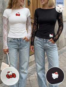 CovetEZ HELLO KITTY AND FRIENDS | SHEIN 休閒性感可愛風聯名款 95% 棉夏季休閒黑色針織蕾絲拼接 2 合 1 女款長袖上衣，適合春季、夏季、初秋 - 彩色 - 查看 7