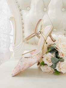 CUCCOO HITCHD Women Shoes Pink Gold Embroidered Mesh Pointed Kitten Heels, Empty Strap Temperament Bridesmaid Banquet Shoes - Pink - View 1