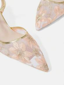 CUCCOO HITCHD Women Shoes Pink Gold Embroidered Mesh Pointed Kitten Heels, Empty Strap Temperament Bridesmaid Banquet Shoes - Pink - View 5
