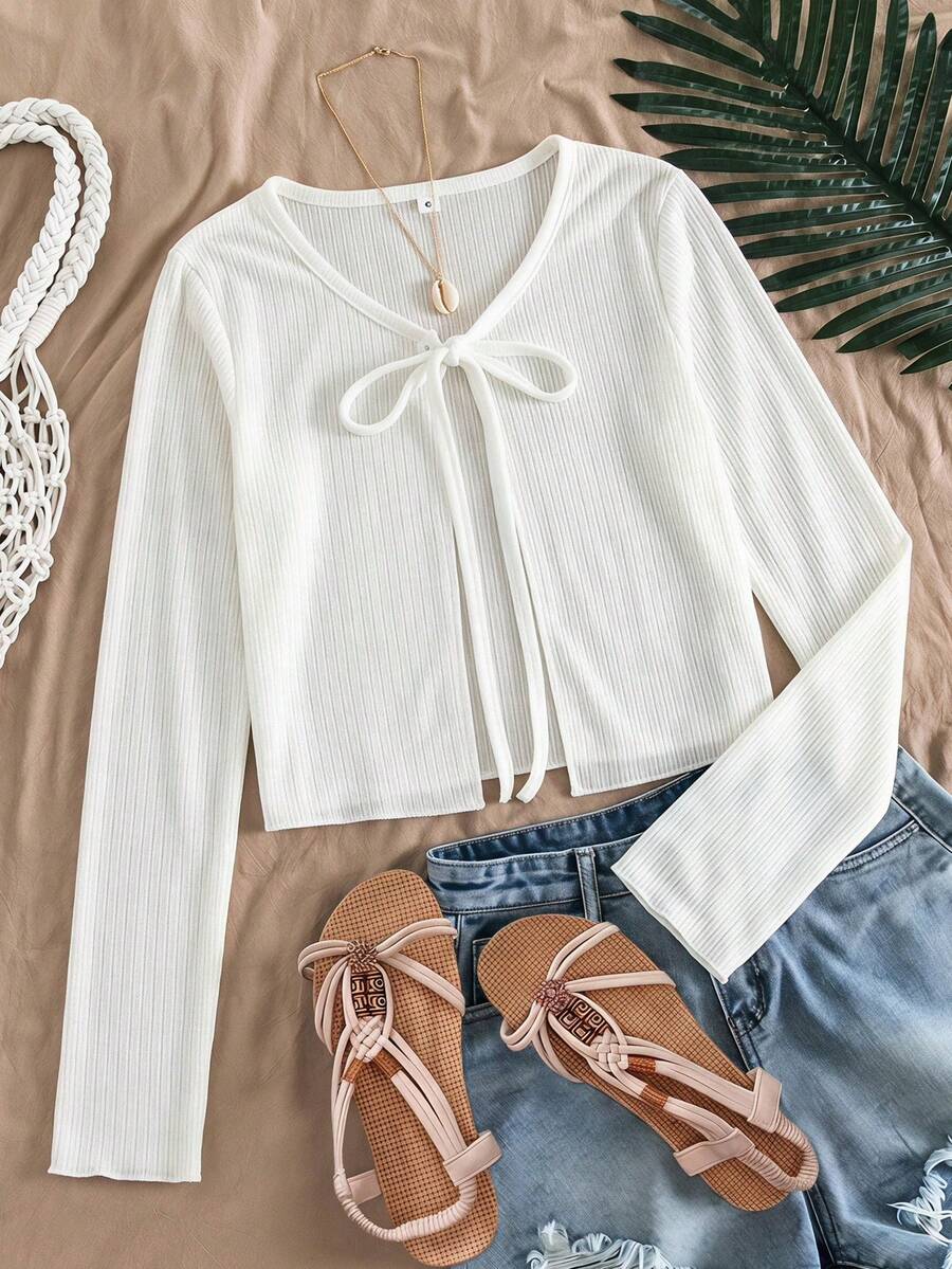 SHEIN Kids Young Girl White Knit Cardigan With Frill Trim Autumn - White - View 1