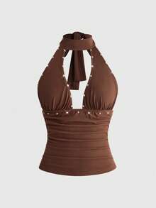 ROMWE Hippie Women's 2 Pieces Vintage Embroidered Knit Brown Halter Neck Set - Brown - View 5