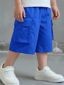 SHEIN Little Byeori Kids Tween Boy Casual Daily Comfortable 3D Pocket Loose Solid Color Woven Shorts - Royal Blue - View 3
