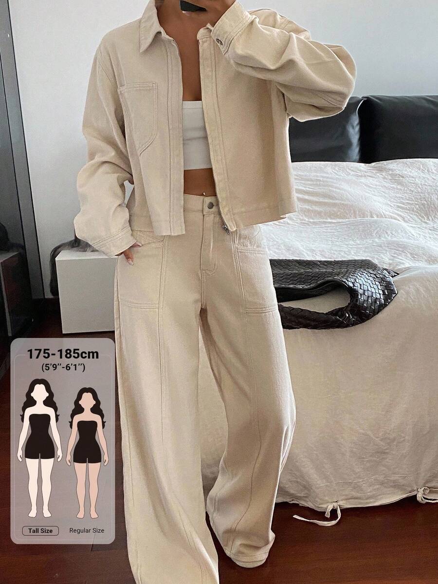 Livesso Tall 女款翻領寬鬆長袖休閒牛仔套裝,適合高個女性 - 卡其色 - 查看 1