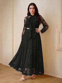 ZEYLAH Plus Size Elegant Romantic Bow Tie Loose A-Line Long Dress With Ribbon, Spring/Summer - Black - View 6