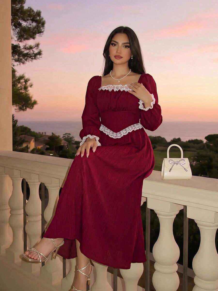 Feyla 女款優雅蕾絲飾邊長洋裝
