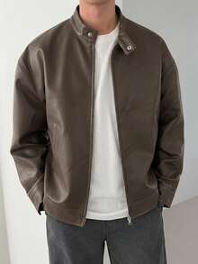 DAZY Autumn Solid Brown PU Men's Jacket & Coat - Brown - View 4