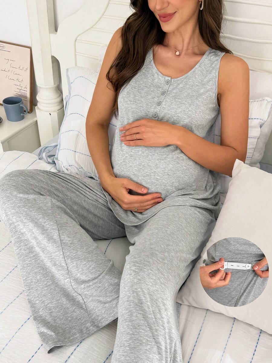 Moonlight&Mama 女款休閒無袖針織半開襟上衣 + 長褲孕婦居家服套裝 - 淺灰色 - 查看 1