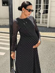 MaterniWear 孕婦法式波點印花洋裝 度假派對 哺乳 正式拍照 性別揭曉 秋季 黑色 1920年代復古優雅休閒 - 黑色 - 查看 10