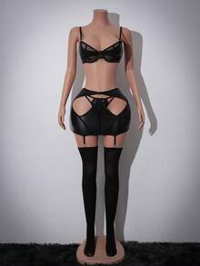 AltCore Conjunto de lencería sexy de 4 piezas con patchwork de malla y cuero PU - Negro - Ver 5