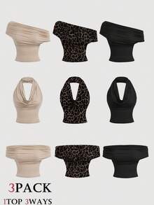 SHEIN MOD 3PCS Women's 3pk Sleeveless Tops-Beach/Vacation/Travel; Off/One-Shoulder; Apricot/Leopard/Black; School - Multicolor - View 11