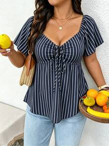 SHEIN Frenchy Casual Spring/Summer Nautical Style Blue & White Striped Pattern Off-Shoulder Drawstring Plus Size Women's T-Shirt, Vacation Women's Off-Shoulder Summer Top - Multicolor - View 7