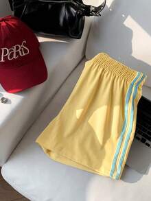 Comfortcana Plus Size Fashion Striped Side Color Block Casual Shorts - Yellow - View 6