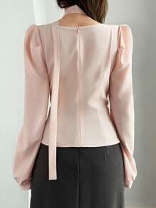 DAZY Solid Color Fitted Ruched Long Sleeve Elegant Formal Spring Autumn Women's Blouse Summer School - Pink - View 6