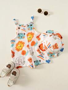SHEIN 2pcs Set Including Hat, Baby Boy Baby Girl Cute Casual Versatile Cartoon Pattern Overall Shorts Hat Set, Cute Overalls, Infant Overalls, Summer Overalls, Vacation Set - Multicolor - View 4