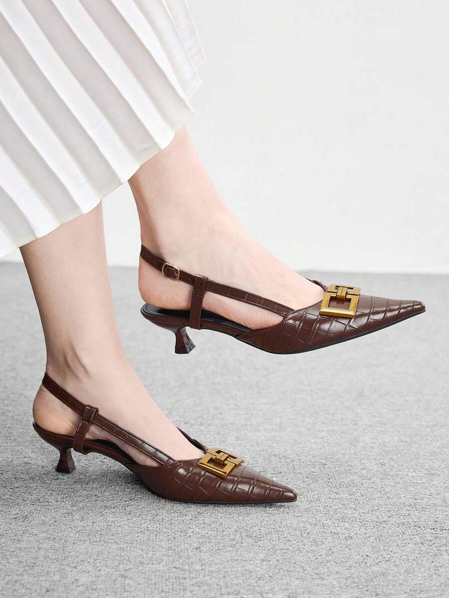 CUCCOO BIZCHIC Pointed Toe Chain Decor Closed Toe Kitten Heel Pumps, Formal Work Shoes For Women For Christmas Valentine's Day Spring Shoes - Coffee Brown - View 1
