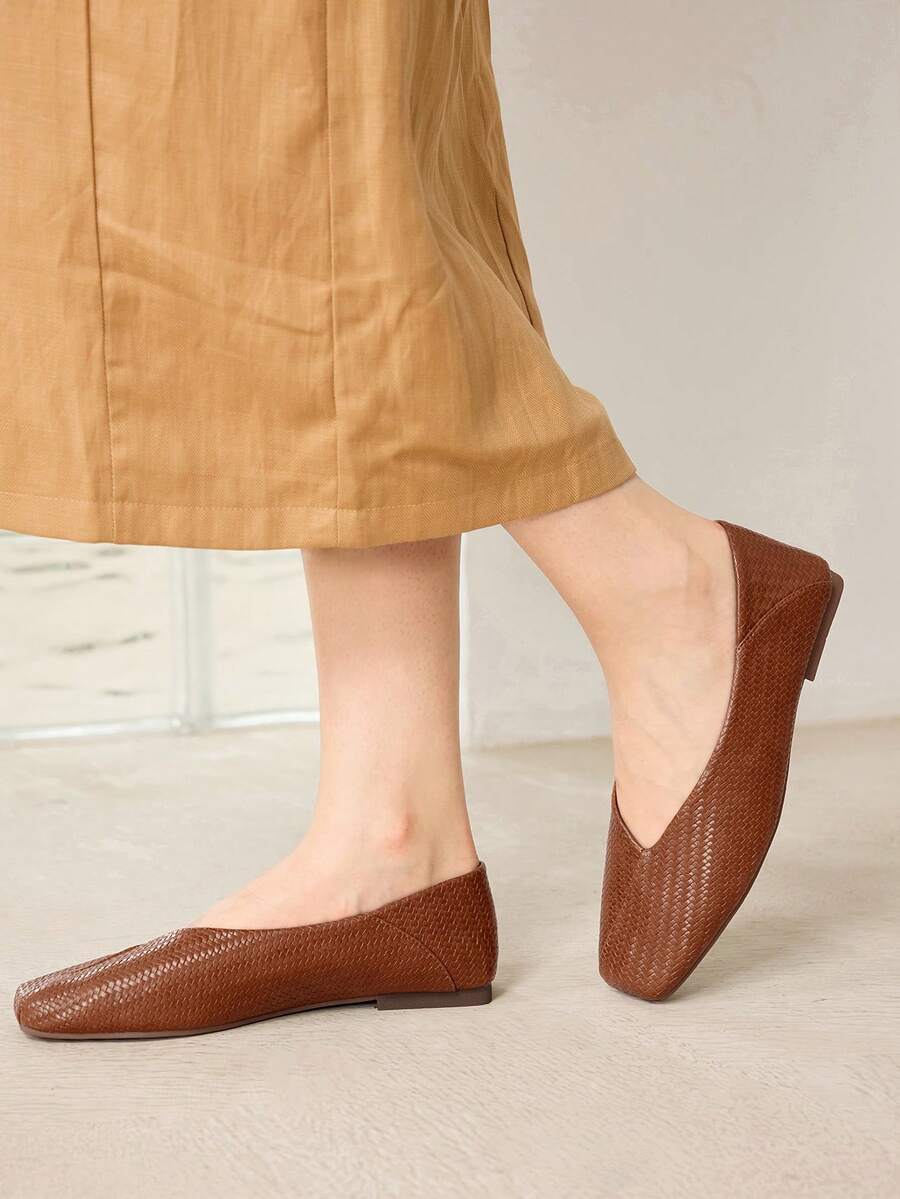 MOTF WOMEN'S FRENCH VINTAGE FASHION WOVEN TEXTURE FLAT SQUARE TOE BALLET SHOES, BROWN VERSATILE COMFORTABLE - Light brown - View 2