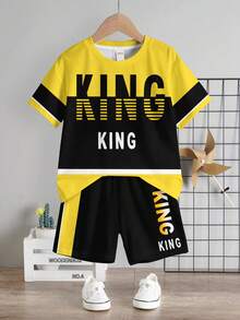 Young Boy Casual Minimalist T-Shirt Set, Classic Color Block Patchwork Pattern Print, Classic Gradient King Text Pattern Print, Suitable For Spring/Summer, Suitable For Campus - Multicolor - View 2