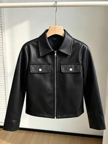 SHEIN Elladie kids Single Piece Girls' Retro PU Black Leather Jacket For Daily Commuting And Travel - Black - View 7
