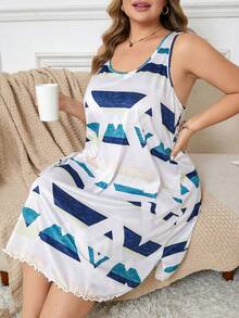 SHEIN Gaun Tidur Rumahan Kasual Sehari-hari Wanita Ukuran Besar dengan Leher Bulat dan Motif Geometris Blok Warna - MultiWarna - View 3