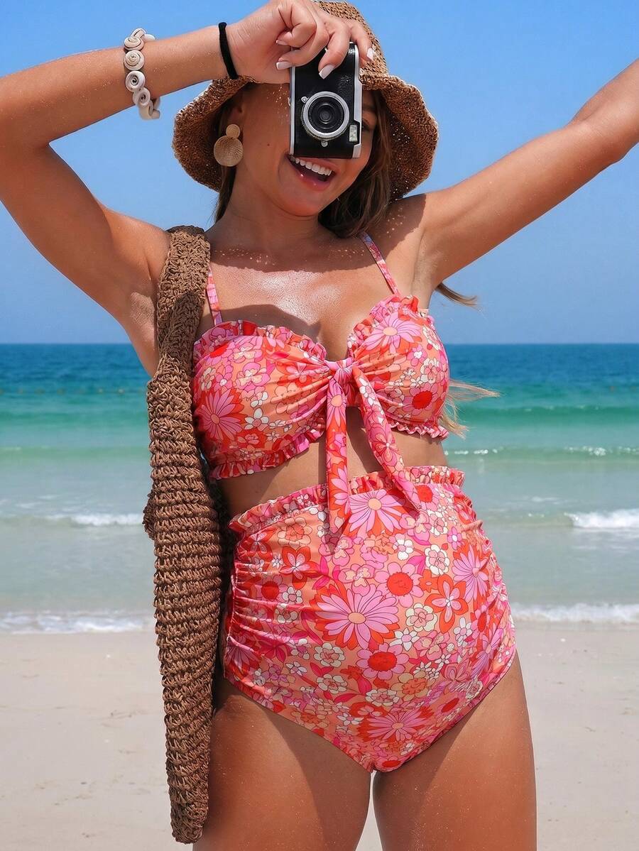 SHEIN 25SS 夏季海灘休閒格紋抹胸孕婦比基尼套裝 - 彩色 - 查看 1