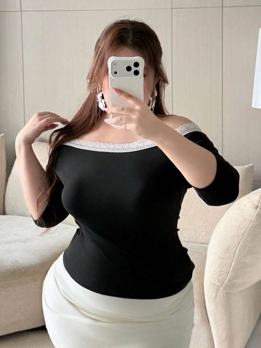 Livesso Curve Plus Size Contrast Color Lace Trim Off-Shoulder T-Shirt - Black - View 1