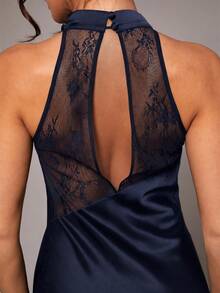 Silquee Women's Solid Color Fitted Back Splice Lace Elegant Halter Neck Dress Dinner Navy Blue Summer - Blue - View 3