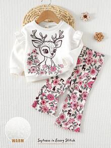 Cozy Pixies 2pcs/Set Baby Girl Cartoon Animal Floral Deer Pattern Knitted Soft Crew Neck Ruffle Long Sleeve Pullover Sweatshirt Elastic Waist Flared Long Pants Two Pieces Set, Suitable For Autumn/Winter, Casual Outfits, Indoor, Outdoor Leisure, Skiing, Back To School, Daily, Sports, Play, Party - White - View 3