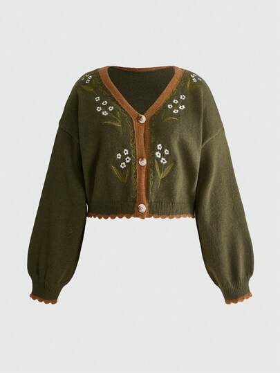 Fairycore Cardigan de talla grande casual de otoño/invierno con bloques de color, ribete y bordado floral
