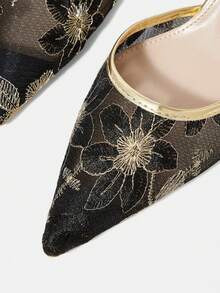 CUCCOO HITCHD Women Shoes Black Gold Embroidered Mesh Pointed Kitten Heels, Empty Strap Temperament Banquet Commuter Shoes - black gold - View 6