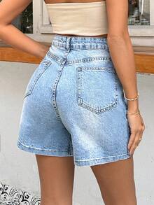 EURMUSE Pantalón corto de corte recto con detalles de cintura alta 100% algodón - Azul lavado medio - Ver 2