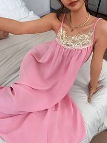 Napfluff Minimalist Textured Lace Trim Spaghetti Strap Long Nightgown For Women - Pink - View 3