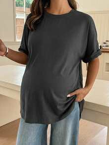 Dazy Maternity Solid Color Patchwork Back Button Design Front Short Back Long Spring Summer Short Sleeve Maternity T-Shirt - Dark Grey - View 5