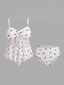 Sweetra CURVE Plus Size Cherry Print Tankini Swimwear Set Vacation Beach Summer - Multicolor - View 1