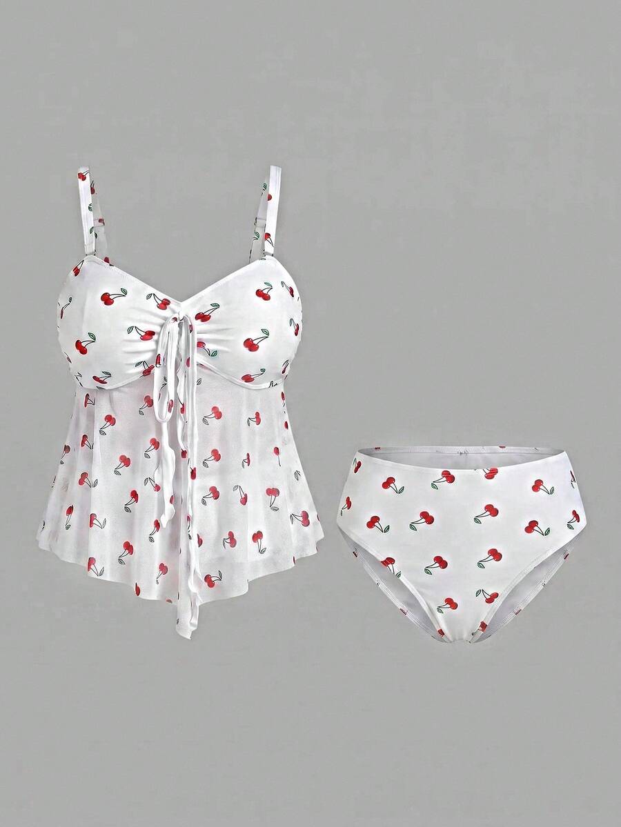 Sweetra CURVE Plus Size Cherry Print Tankini Swimwear Set Vacation Beach Summer - Multicolor - View 1