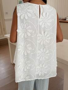 Dazy Maternity White Maternity Tank Top Camisole With Small Round Neck, 3D Floral Decor, Sleeveless, Loose Fit, Elegant Romance Summer Babyshower - White - View 2